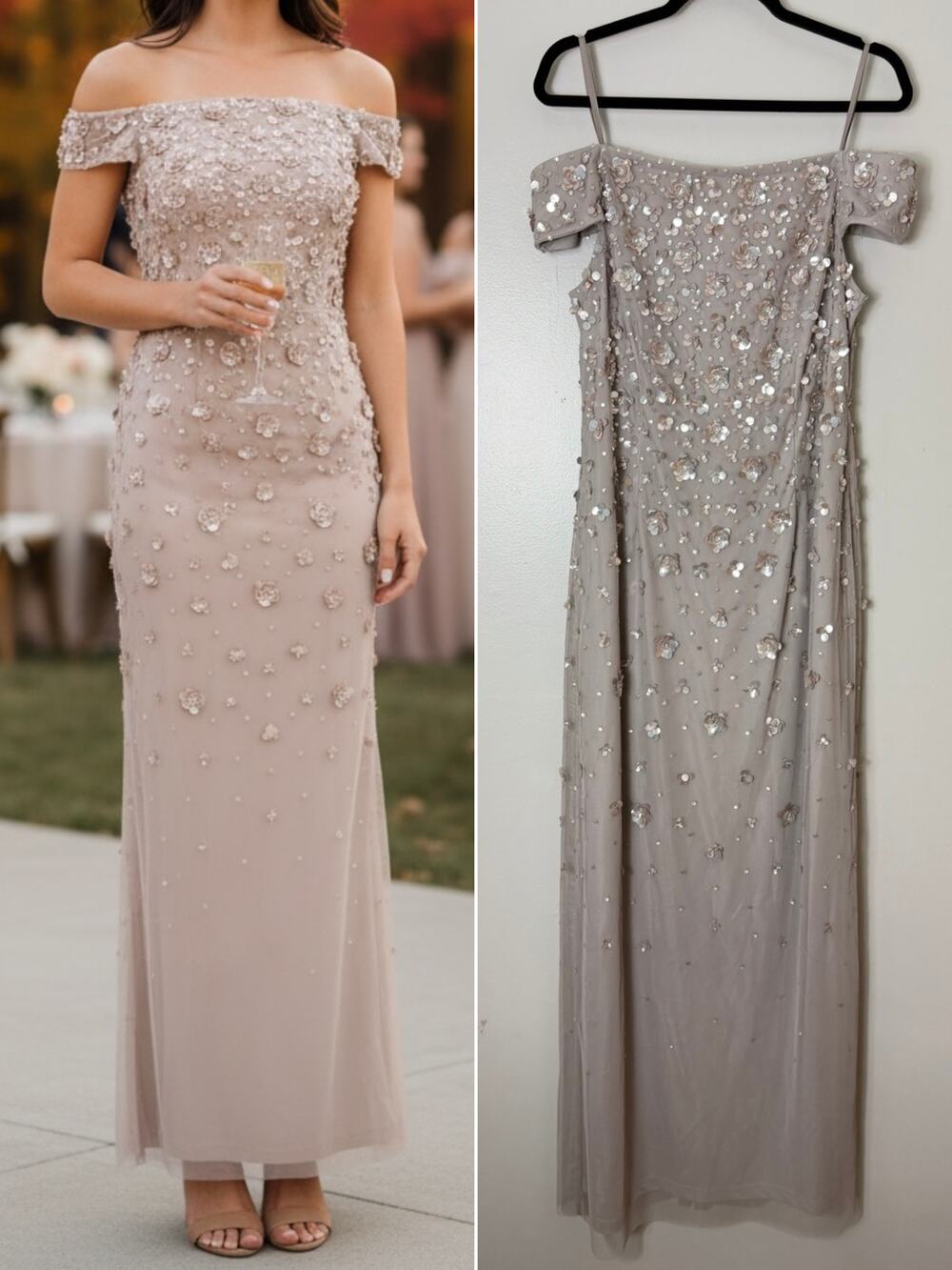 Adrianna Papell 3D Floral Dress Sequin Beaded Gown Fall Wedding Guest